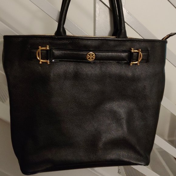 Tory Burch Jaden Horsebit Large Black Leather Zippered Tote Logo - Picture 9 of 11